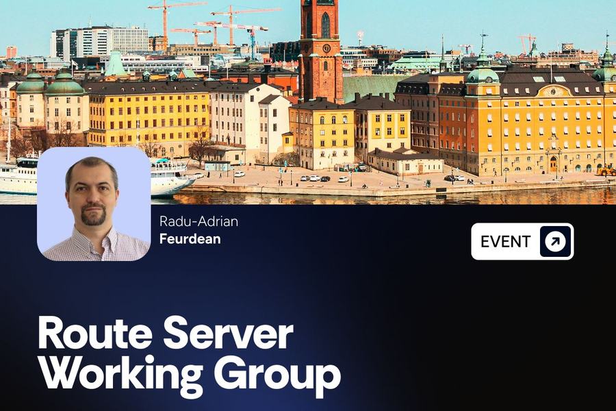 Visuel France-IX « Route Server Working Group », 11 et 12 mars 2026, Stockholm, avec le portrait de Radu-Adrian Feurdean et une vue de la ville.