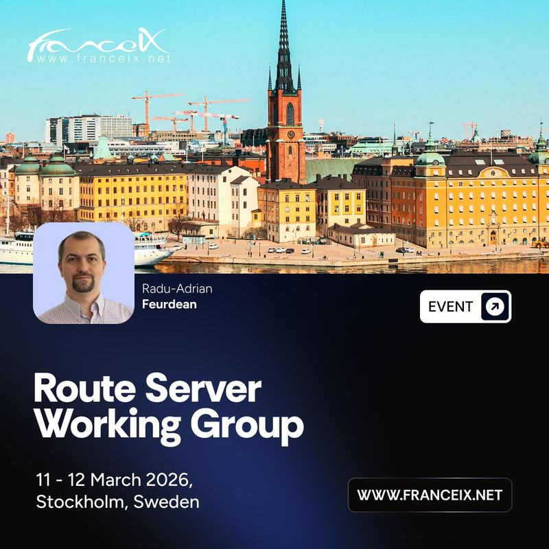 Visuel France-IX « Route Server Working Group », 11 et 12 mars 2026, Stockholm, avec le portrait de Radu-Adrian Feurdean et une vue de la ville.