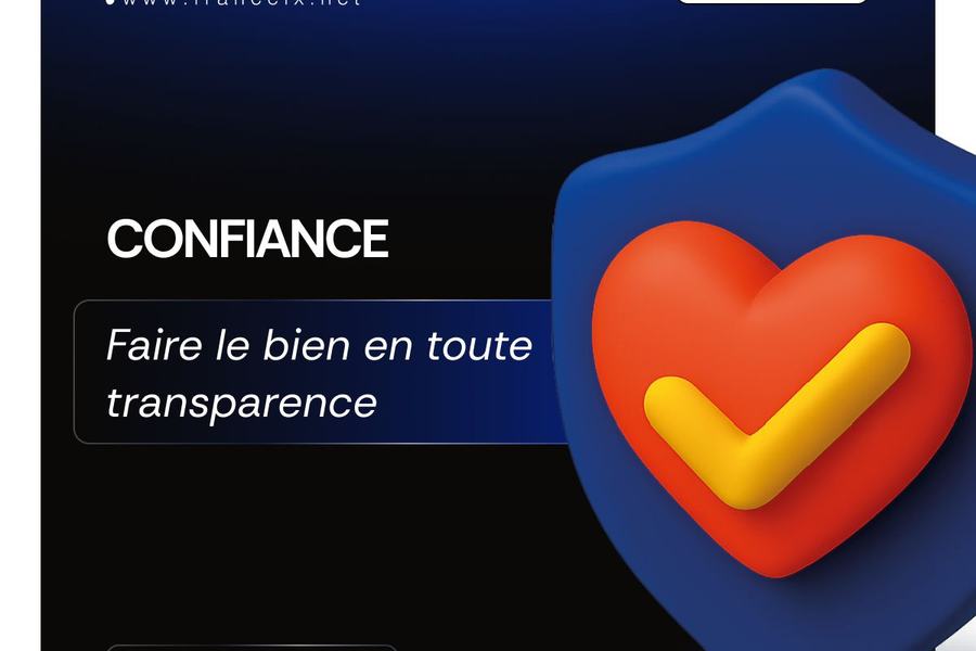 Visuel France-IX « Valeurs » : « Confiance, faire le bien en toute transparence », avec un bouclier et un cœur coché.