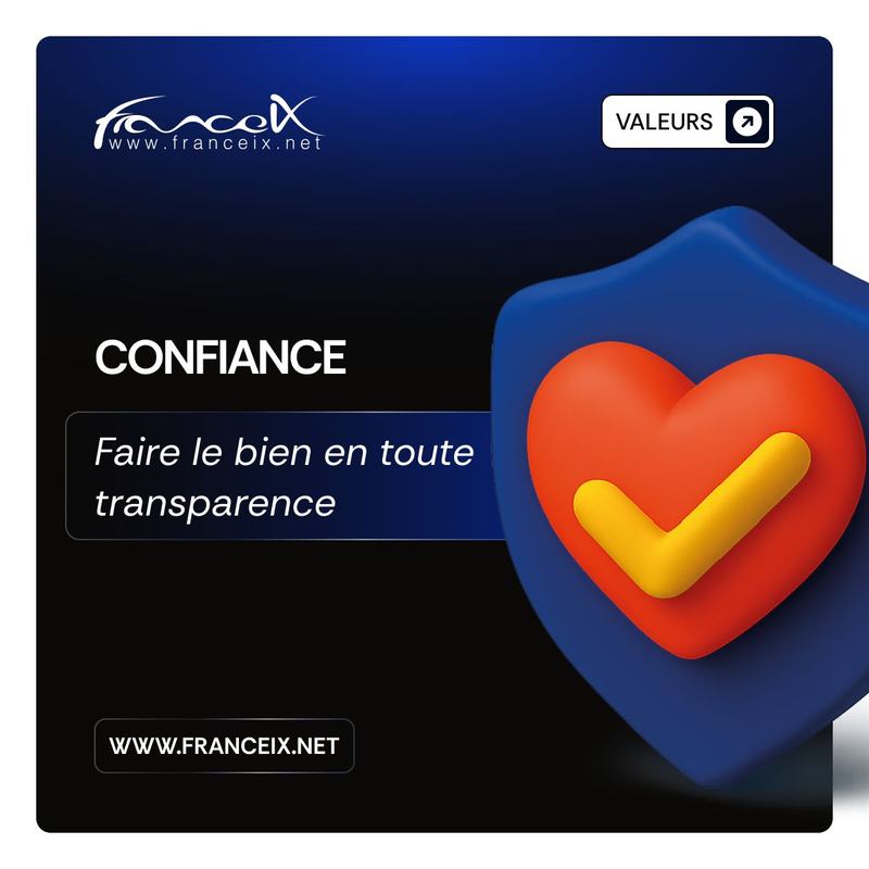 Visuel France-IX « Valeurs » : « Confiance, faire le bien en toute transparence », avec un bouclier et un cœur coché.