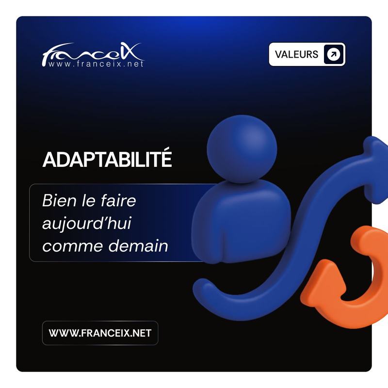 Visuel France-IX « Valeurs » : « Adaptabilité, bien le faire aujourd’hui comme demain », avec un personnage et des flèches.