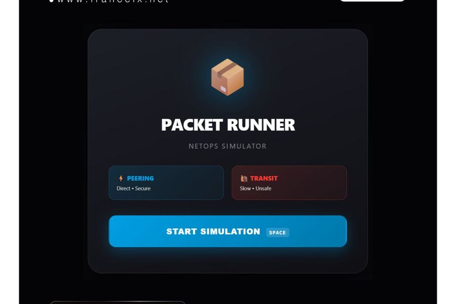 Visuel France-IX « Jeux » : écran d’accueil du jeu « Packet Runner, NetOps Simulator », avec un carton, deux encadrés « Peering, Direct • Secure » et « Transit, Slow • Unsafe » et un bouton « Start simulation ».