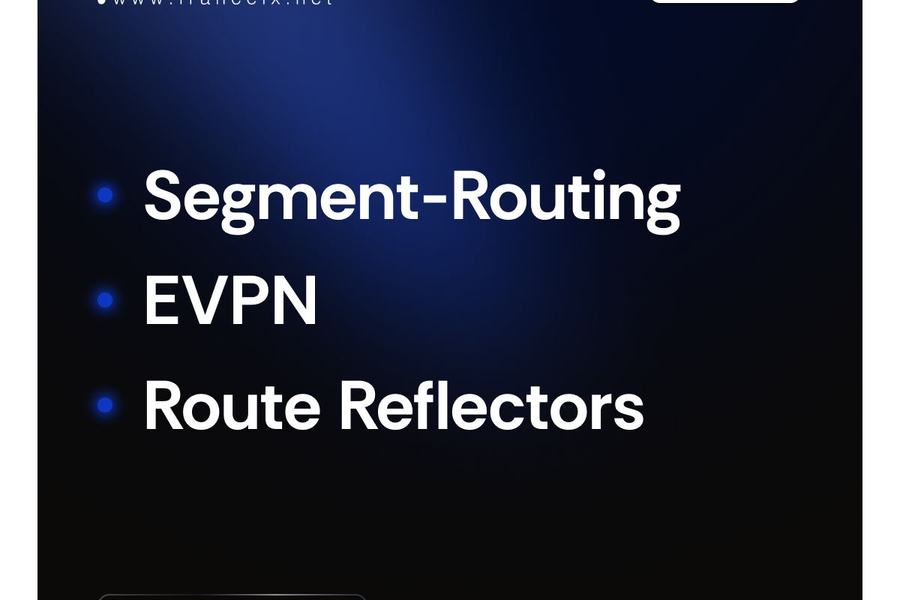 Visuel bleu nuit au logo France-IX, avec l’étiquette « ACTUS » et trois lignes à puces : « Segment-Routing », « EVPN », « Route Reflectors ». En bas, l’adresse « WWW.FRANCEIX.NET ».
