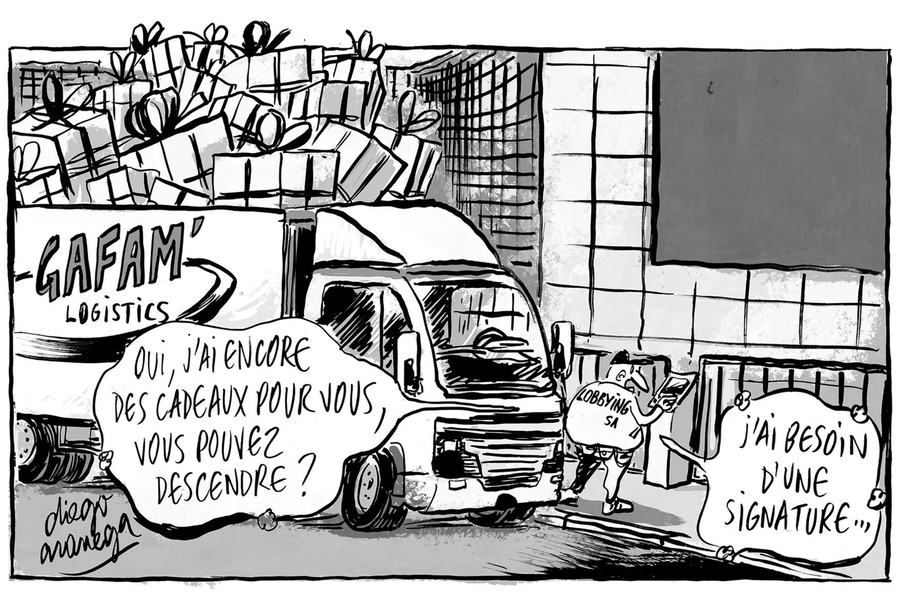 Dessin de presse en noir et blanc : un camion « GAFAM Logistics » chargé de cadeaux, avec les bulles « Oui, j’ai encore des cadeaux pour vous, vous pouvez descendre ? » et « J’ai besoin d’une signature… ».