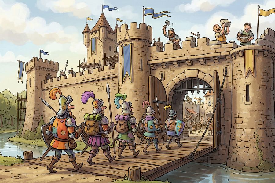 Illustration dessinée : un château fort en pierre, pavoisé de bannières bleues et jaunes, dont des ouvriers consolident les remparts, pendant qu’une file de soldats en armure aux plumets colorés franchit le pont-levis baissé au-dessus des douves.