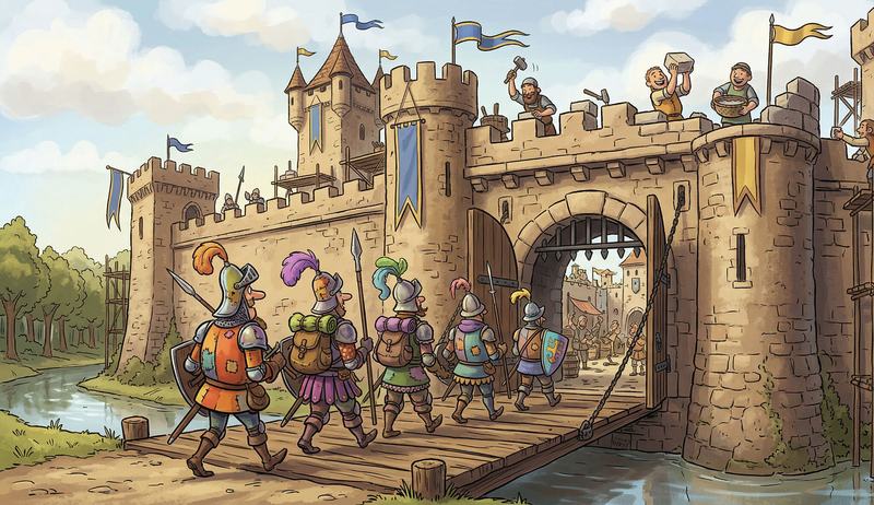 Illustration dessinée : un château fort en pierre, pavoisé de bannières bleues et jaunes, dont des ouvriers consolident les remparts, pendant qu’une file de soldats en armure aux plumets colorés franchit le pont-levis baissé au-dessus des douves.