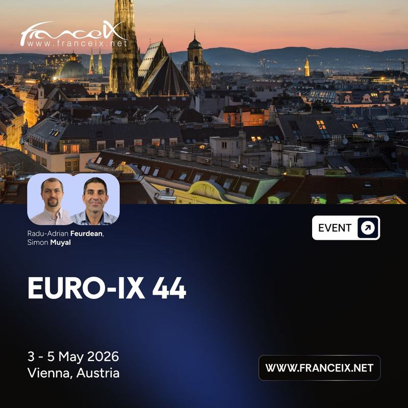 Visuel France-IX « EURO-IX 44 », « 3 - 5 May 2026, Vienna, Austria », sur fond de toits d’une ville au crépuscule, avec les portraits de Radu-Adrian Feurdean et Simon Muyal, un badge « EVENT » et l’adresse www.franceix.net.