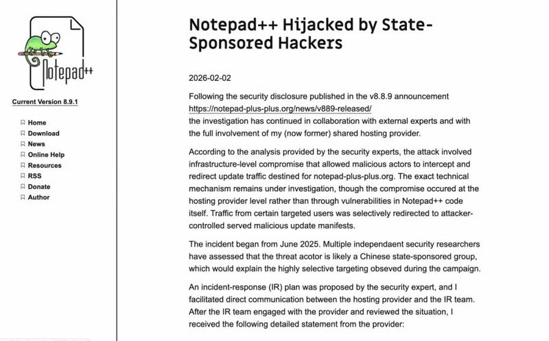 Capture d’écran du site de Notepad++ : article daté du 2 février 2026 intitulé « Notepad++ Hijacked by State-Sponsored Hackers », à côté du logo caméléon et de la mention « Current Version 8.9.1 ».