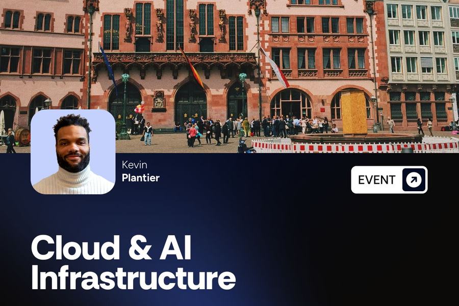 Visuel France-IX « Cloud & AI Infrastructure », 6 et 7 mai 2026, Francfort, Allemagne, avec le portrait de Kevin Plantier et une place bordée de façades à pignons.