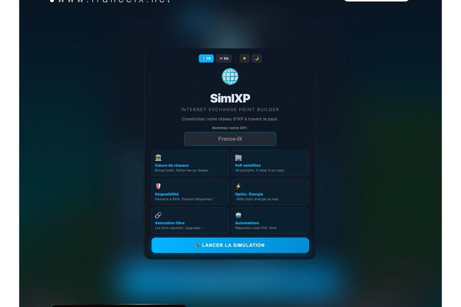 Visuel France-IX « Jeux » : écran d’accueil du jeu SimIXP, « Internet Exchange Point Builder », avec le champ « Nommez votre IXP » rempli par « France-IX » et le bouton « Lancer la simulation ».