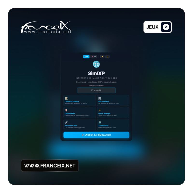 Visuel France-IX « Jeux » : écran d’accueil du jeu SimIXP, « Internet Exchange Point Builder », avec le champ « Nommez votre IXP » rempli par « France-IX » et le bouton « Lancer la simulation ».