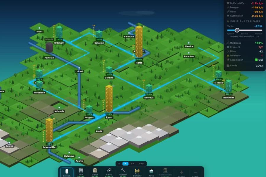 Capture d’un jeu de simulation : une carte en vue isométrique avec des villes, des tours et des liaisons en bleu, et des indicateurs sur le côté.