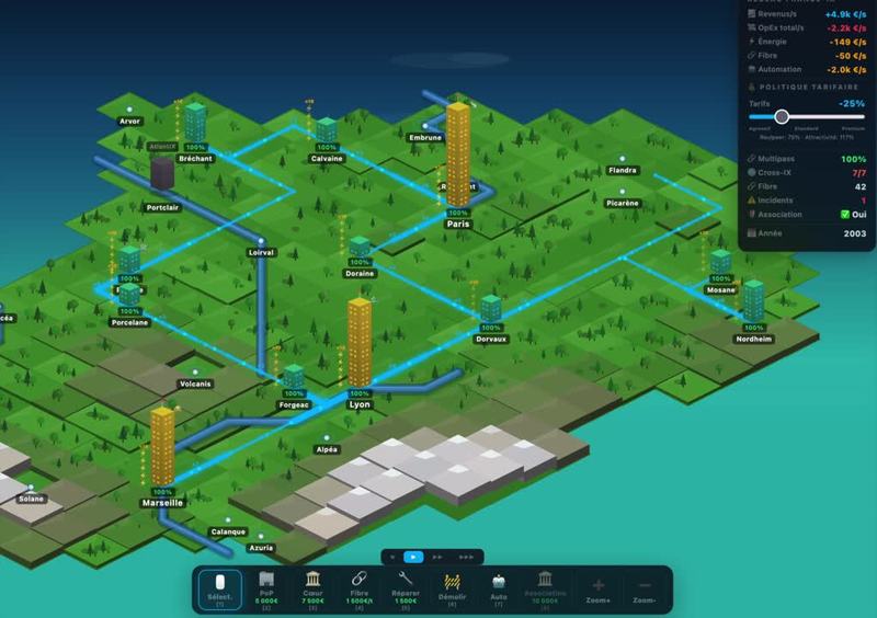 Capture d’un jeu de simulation : une carte en vue isométrique avec des villes, des tours et des liaisons en bleu, et des indicateurs sur le côté.