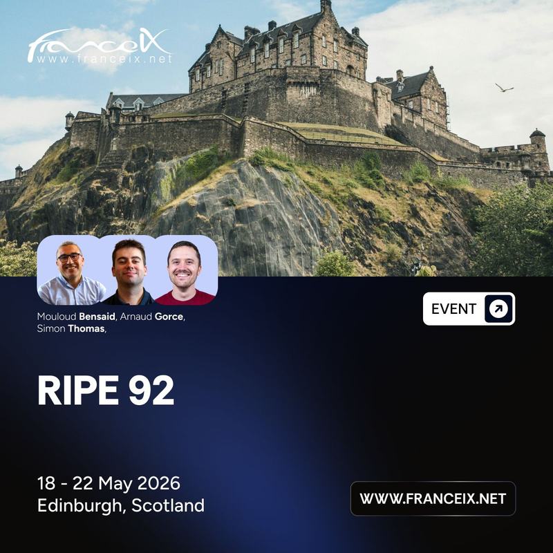 Visuel France-IX « RIPE 92 », 18 au 22 mai 2026, Édimbourg, avec les portraits de Mouloud Bensaid, Arnaud Gorce et Simon Thomas, et un château sur un promontoire rocheux.