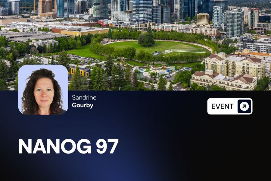 Visuel France-IX « NANOG 97 », 1er au 3 juin 2026, Bellevue (Washington), avec le portrait de Sandrine Gourby et une vue de la ville.