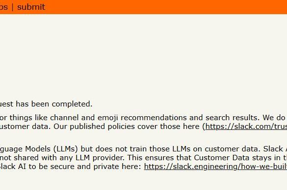 Capture d’écran d’un fil Hacker News intitulé « Slack AI Training with Customer Data », avec la réponse du support de Slack à une demande de retrait.