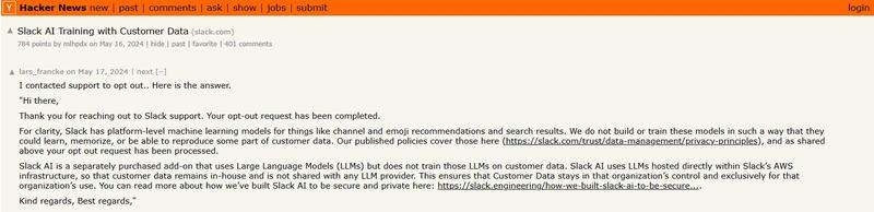 Capture d’écran d’un fil Hacker News intitulé « Slack AI Training with Customer Data », avec la réponse du support de Slack à une demande de retrait.