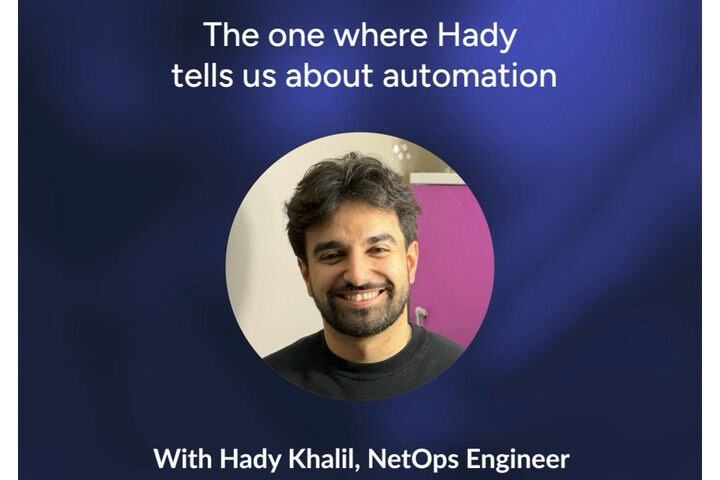 Visuel « France-IX Stories » : « The one where Hady tells us about automation », avec la photo de Hady Khalil, ingénieur NetOps.