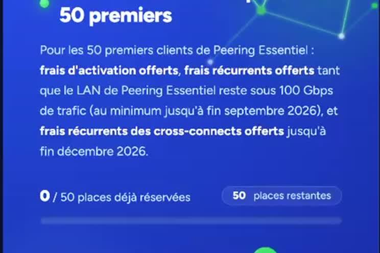 Visuel « Offre de lancement pour les 50 premiers » de Peering Essentiel : frais d’activation et frais récurrents offerts sous conditions, compteur « 0 / 50 places déjà réservées » et bouton « Réserver ma place via le formulaire ».