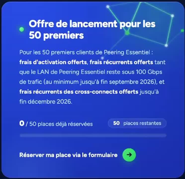 Visuel « Offre de lancement pour les 50 premiers » de Peering Essentiel : frais d’activation et frais récurrents offerts sous conditions, compteur « 0 / 50 places déjà réservées » et bouton « Réserver ma place via le formulaire ».