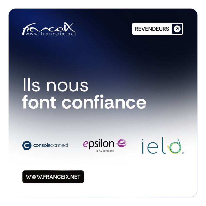 Visuel France-IX « Revendeurs » : « Ils nous font confiance », avec les logos de Console Connect, Epsilon (a KT company) et IELO.