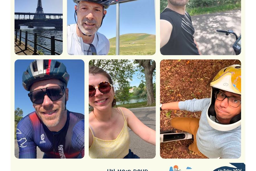 Visuel France-IX « Un mois pour adopter le vélo… pour la vie. », édition 2026 : la tour Eiffel au bord de l’eau et cinq selfies de cyclistes, dont un devant un panneau « Col de la Croix St R… », altitude 1451 m.