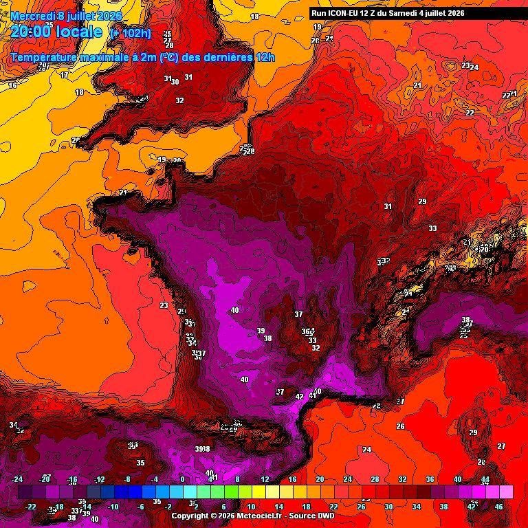 Carte Meteociel des températures maximales prévues pour le mercredi 8 juillet 2026 (modèle ICON-EU du 4 juillet), avec des valeurs proches de 40 °C sur une grande partie de la France.