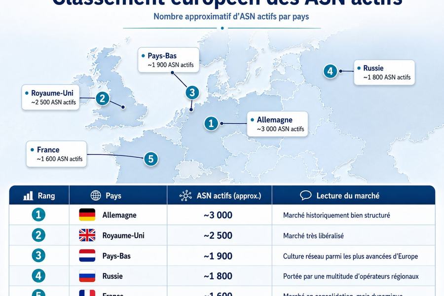 Infographie « Classement européen des ASN actifs » : Allemagne environ 3 000, Royaume-Uni 2 500, Pays-Bas 1 900, Russie 1 800, France 1 600.