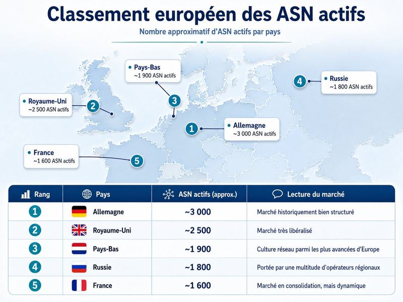 Infographie « Classement européen des ASN actifs » : Allemagne environ 3 000, Royaume-Uni 2 500, Pays-Bas 1 900, Russie 1 800, France 1 600.
