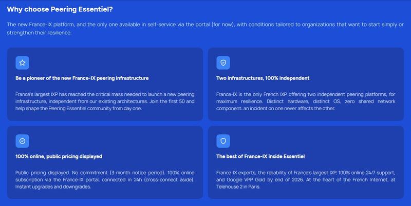 Capture en anglais de la page « Why choose Peering Essentiel? », avec quatre encadrés : pionnier de la nouvelle infrastructure de peering, deux infrastructures 100% indépendantes, 100% en ligne avec tarifs publics, le meilleur de France-IX.