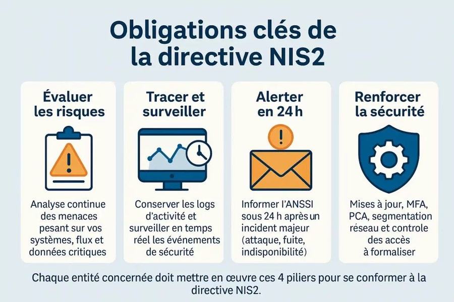 Infographie « Obligations clés de la directive NIS2 » en quatre piliers : évaluer les risques, tracer et surveiller, alerter l’ANSSI sous 24 h après un incident majeur, renforcer la sécurité.