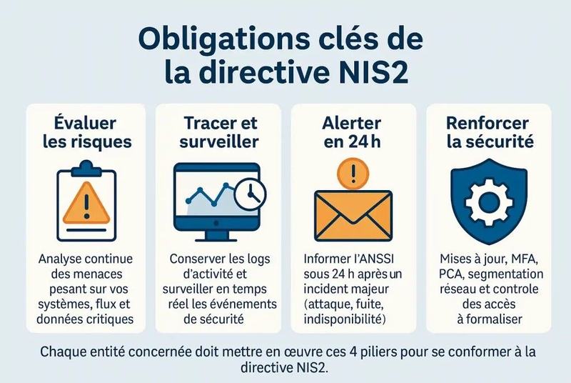 Infographie « Obligations clés de la directive NIS2 » en quatre piliers : évaluer les risques, tracer et surveiller, alerter l’ANSSI sous 24 h après un incident majeur, renforcer la sécurité.