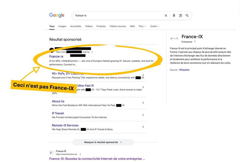 Capture d’une recherche Google « france-ix » : un résultat sponsorisé intitulé « France-ix », au nom d’annonceur masqué, est entouré avec la mention « Ceci n’est pas France-IX » ; le site franceix.net apparaît en dessous.