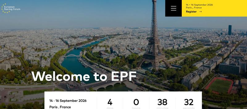 Capture du site de l’European Peering Forum : « Welcome to EPF », 14 au 16 septembre 2026, Paris, sur une vue aérienne de Paris avec la tour Eiffel et la Seine.