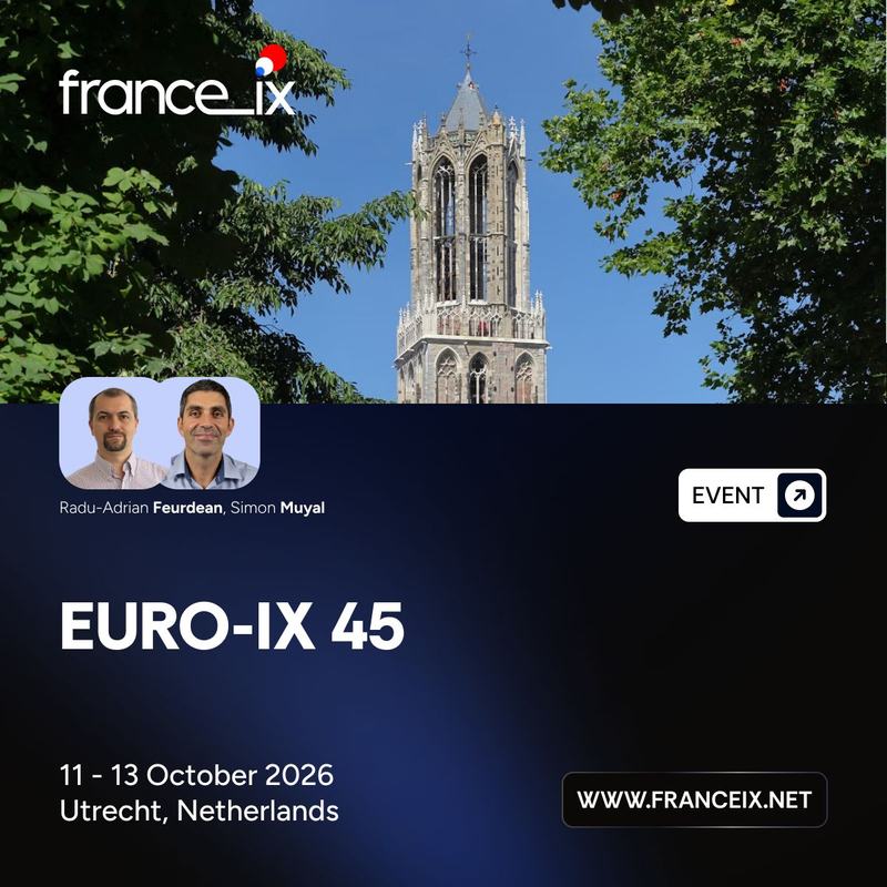 Visuel France-IX « EURO-IX 45 », étiquette « EVENT » : en haut, une tour gothique ; en médaillon, les portraits de Radu-Adrian Feurdean et Simon Muyal ; en bas, « 11 - 13 October 2026, Utrecht, Netherlands » et www.franceix.net.