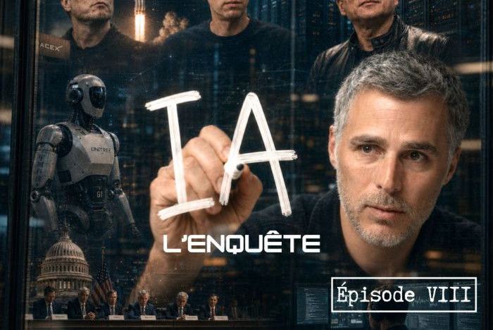 Affiche de la série « IA, l’enquête », épisode VIII : un homme trace les lettres « IA » sur une vitre, devant trois portraits d’hommes, un robot humanoïde, une fusée, le Capitole et une salle d’audience.