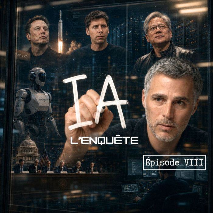 Affiche de la série « IA, l’enquête », épisode VIII : un homme trace les lettres « IA » sur une vitre, devant trois portraits d’hommes, un robot humanoïde, une fusée, le Capitole et une salle d’audience.